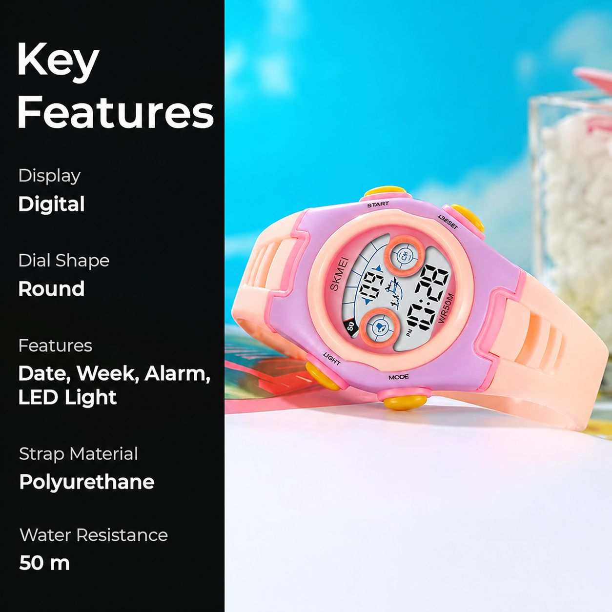 Digital Kids Watch LED Display, Round Dial, Waterproof Sports Watch with Alarm, Date & Comfortable Strap
