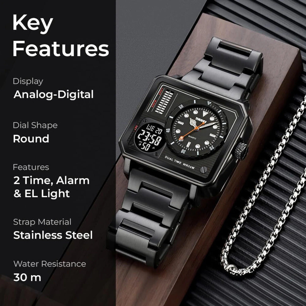 Dual Display Square Dial Wrist Watch with Metal Strap For Men