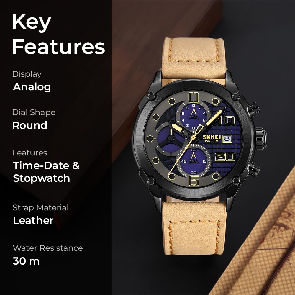 Premium Leather Chronograph Wristwatch with Textured Multi-Dial