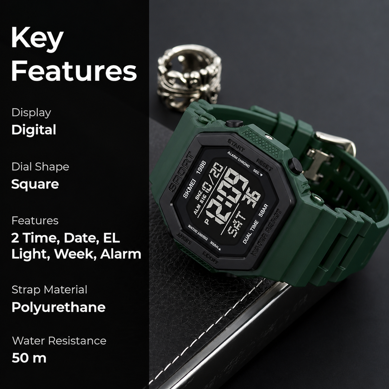 Stylish Digital Sports Watch for Men with Square Dial Dual Time Alarm Stopwatch Luminous Display and Durable Strap