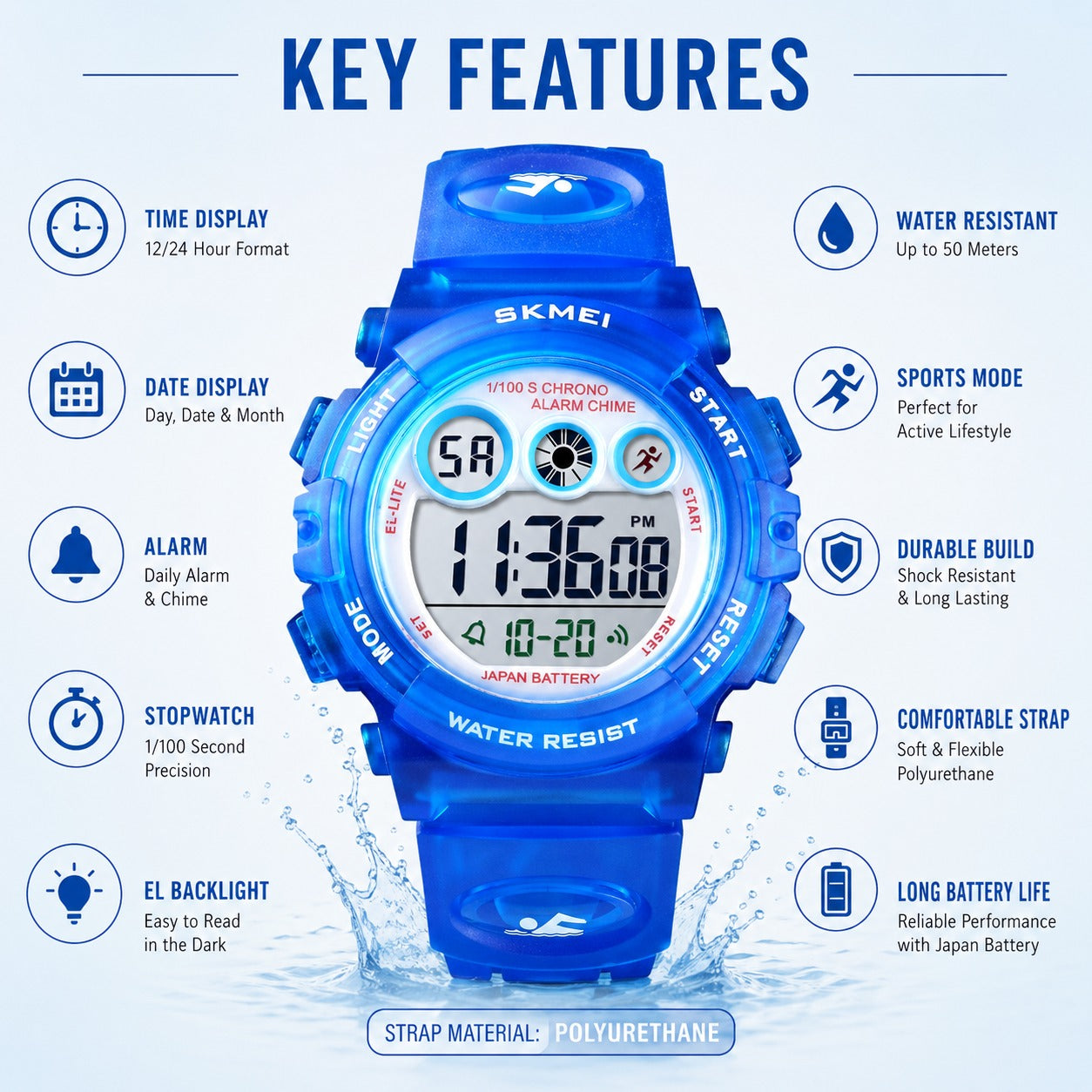 Kids Sports Multi Function Digital Watch, Multicolor Dial Sky ABS Case Kid's Watch, PU Rubber Strap Band, Waterproof LED Light Children Wristwatch