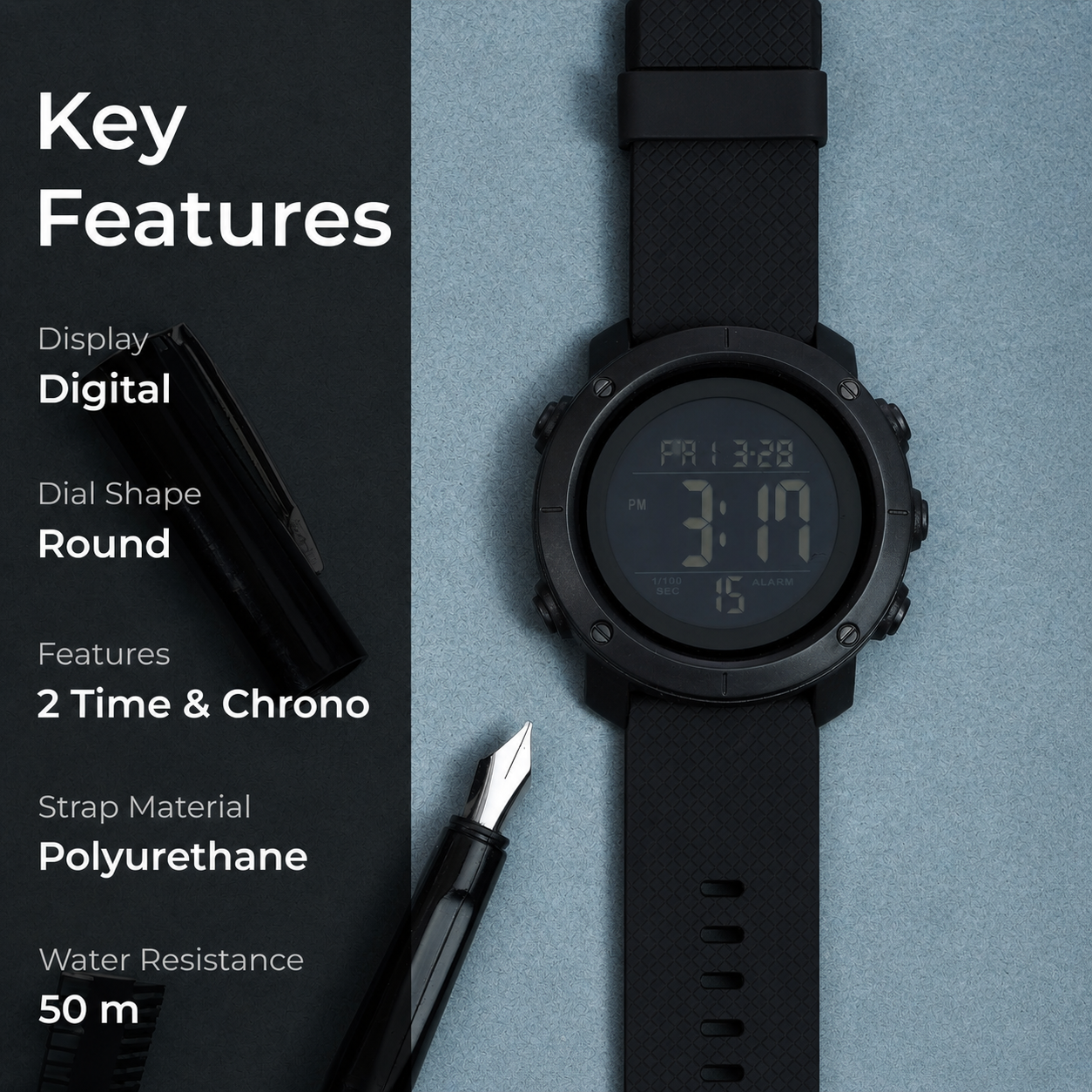 Digital Watch for Men with Round Dial, Dual Time Display, Alarm & Chronograph, Water Resistant Sports Watch with Durable Strap