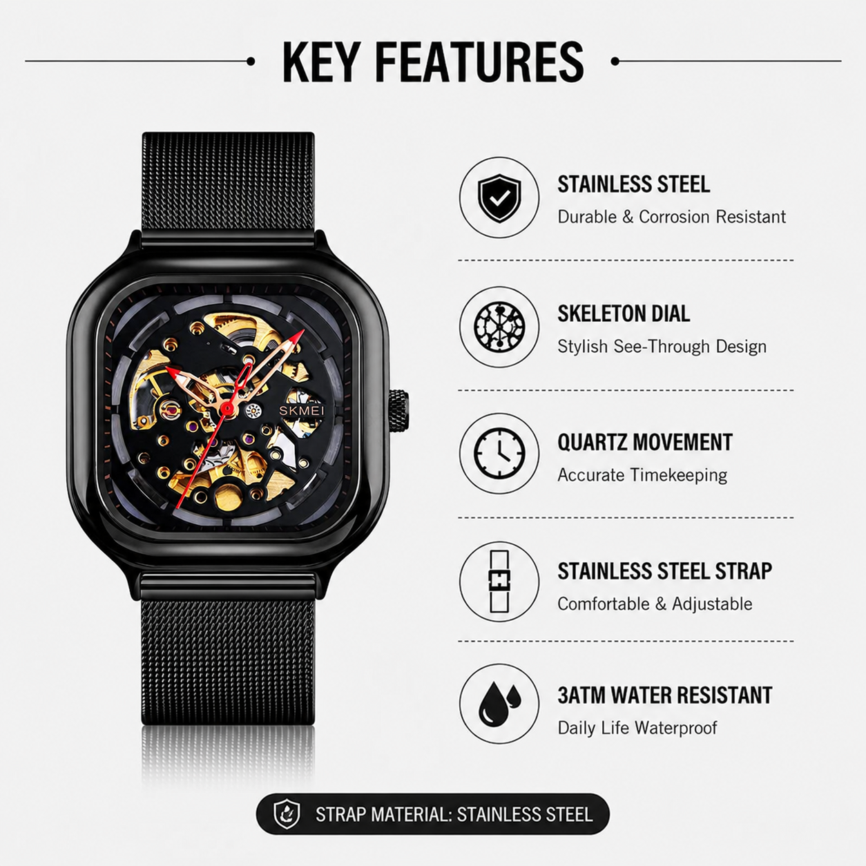 Skeleton Automatic Mechanical Watch for Men with Square Dial and Mesh Strap