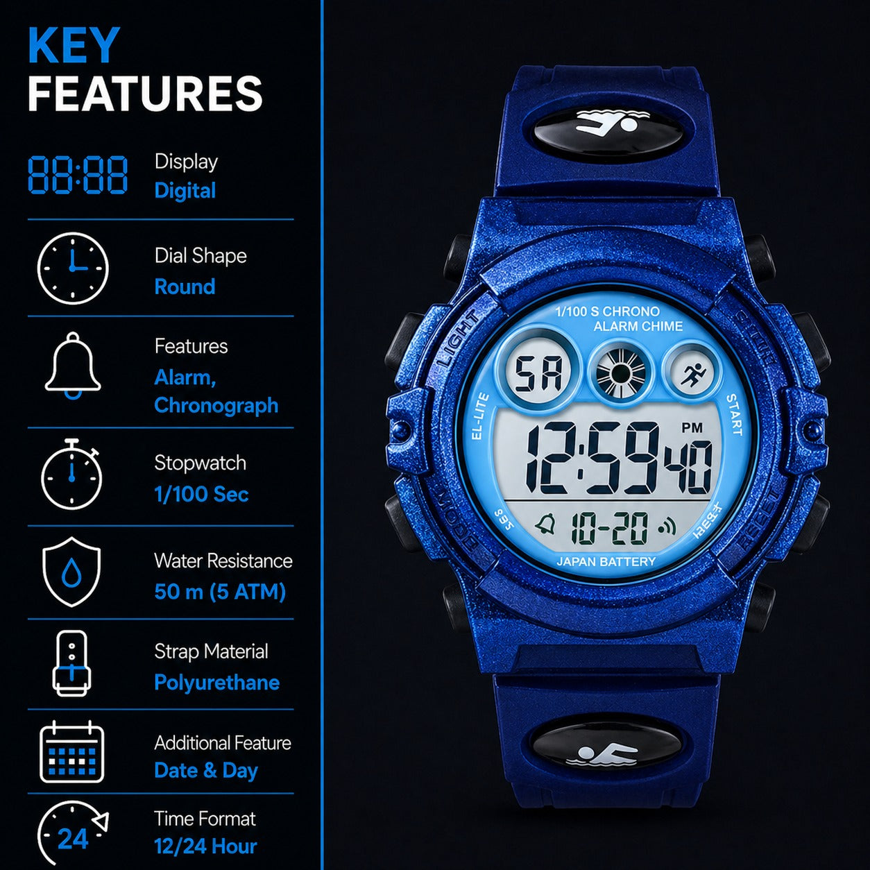 Kids Sports Multi Function Digital Watch, Multicolor Dial Sky ABS Case Kid's Watch, PU Rubber Strap Band, Waterproof LED Light Children Wristwatch