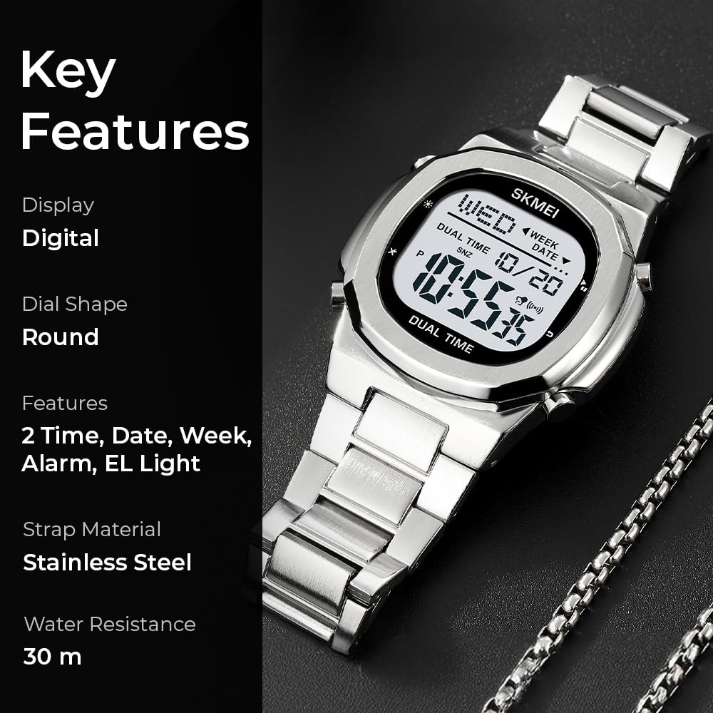 Premium Digital Sports Watch for Men with Stainless Steel Strap, Waterproof Style Wrist Watch for Casual Outdoor and Daily Wear