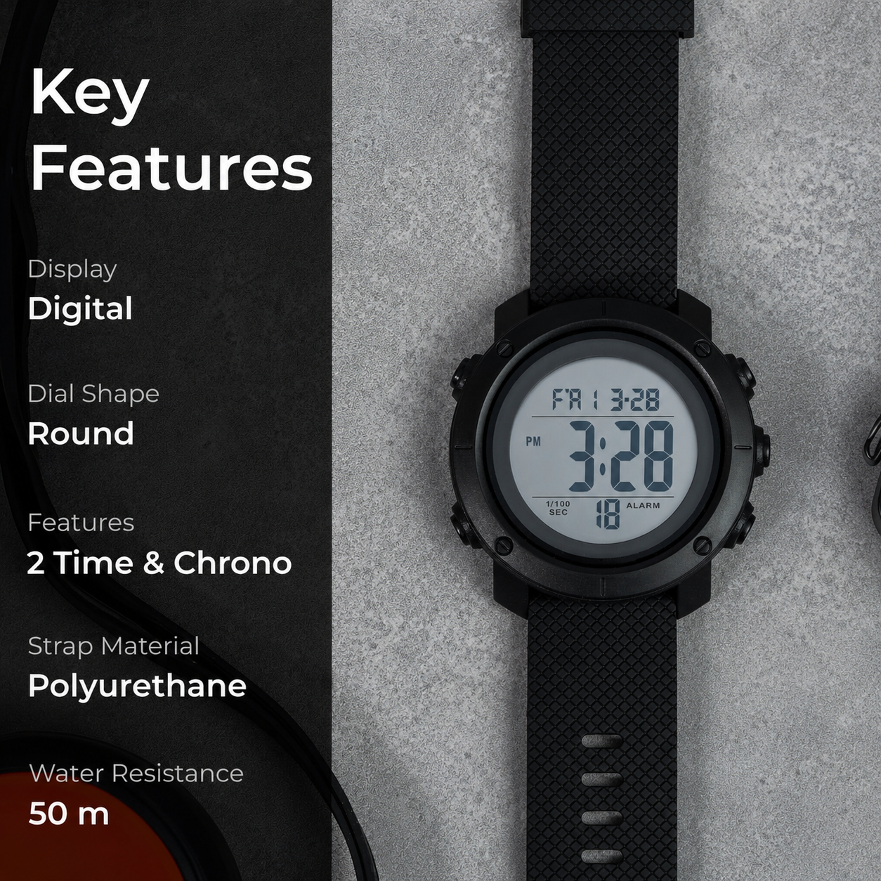 Digital Watch for Men with Round Dial, Dual Time Display, Alarm & Chronograph, Water Resistant Sports Watch with Durable Strap