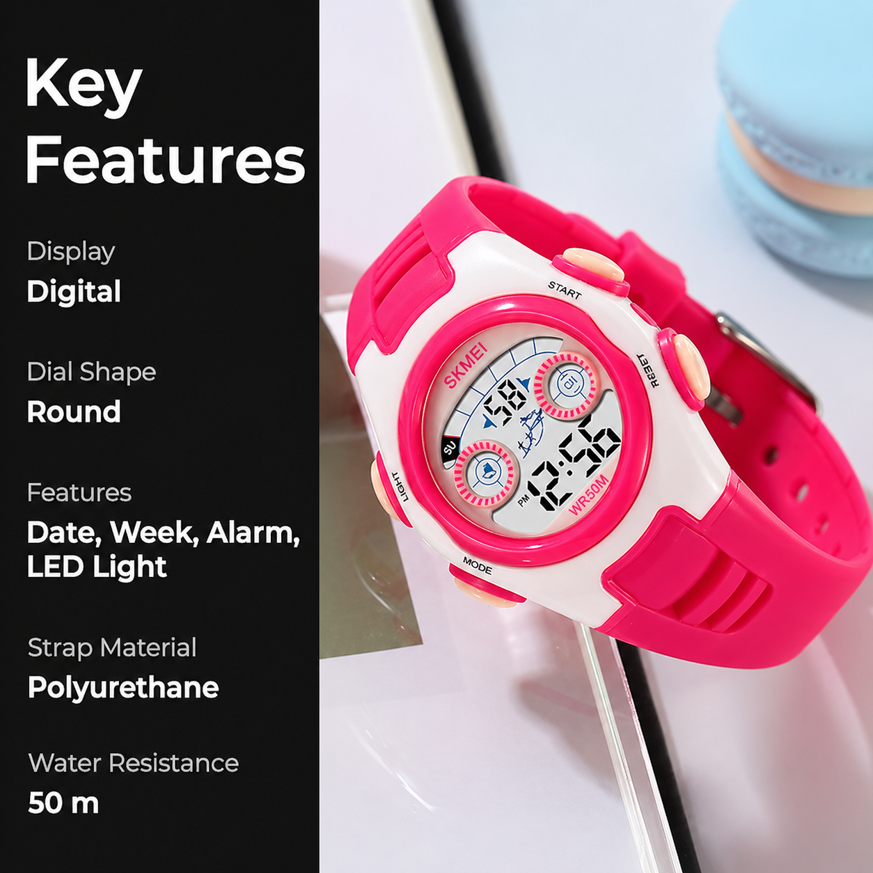 Digital Kids Watch LED Display, Round Dial, Waterproof Sports Watch with Alarm, Date & Comfortable Strap