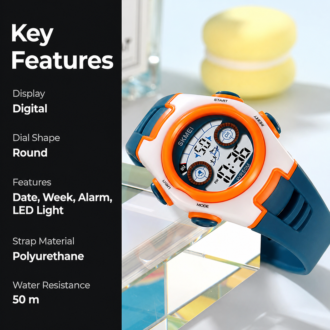 Digital Kids Watch LED Display, Round Dial, Waterproof Sports Watch with Alarm, Date & Comfortable Strap