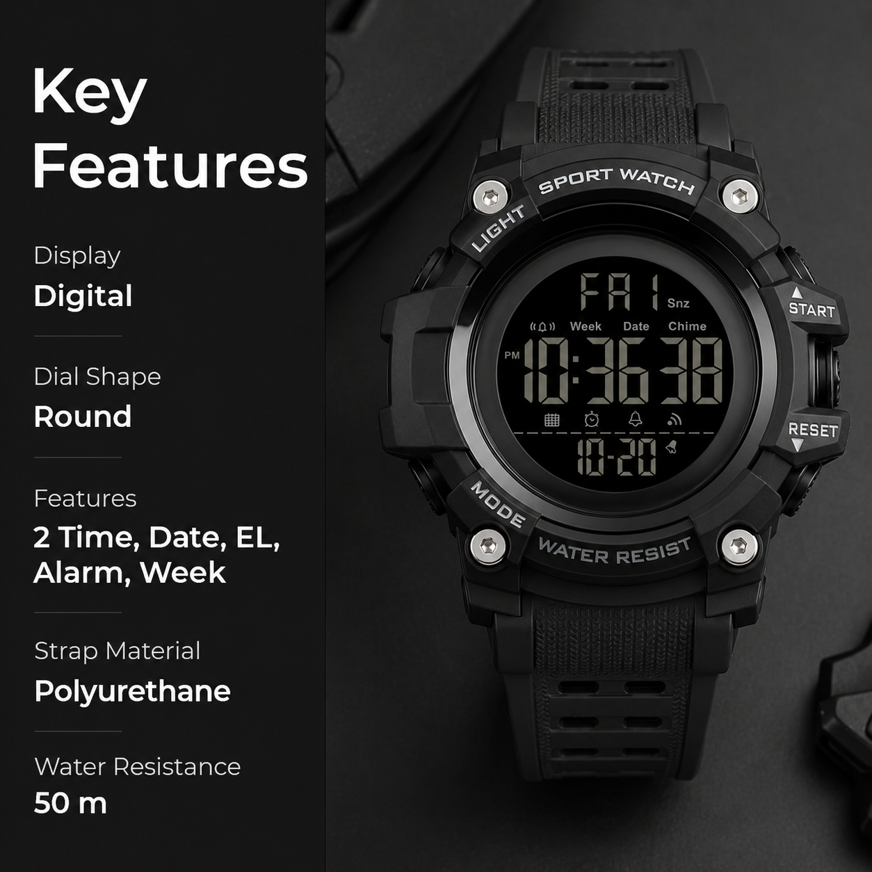 Rugged Digital Sports Watch for Men with Dual Time Display, Alarm, LED Light and Outdoor Style Strap