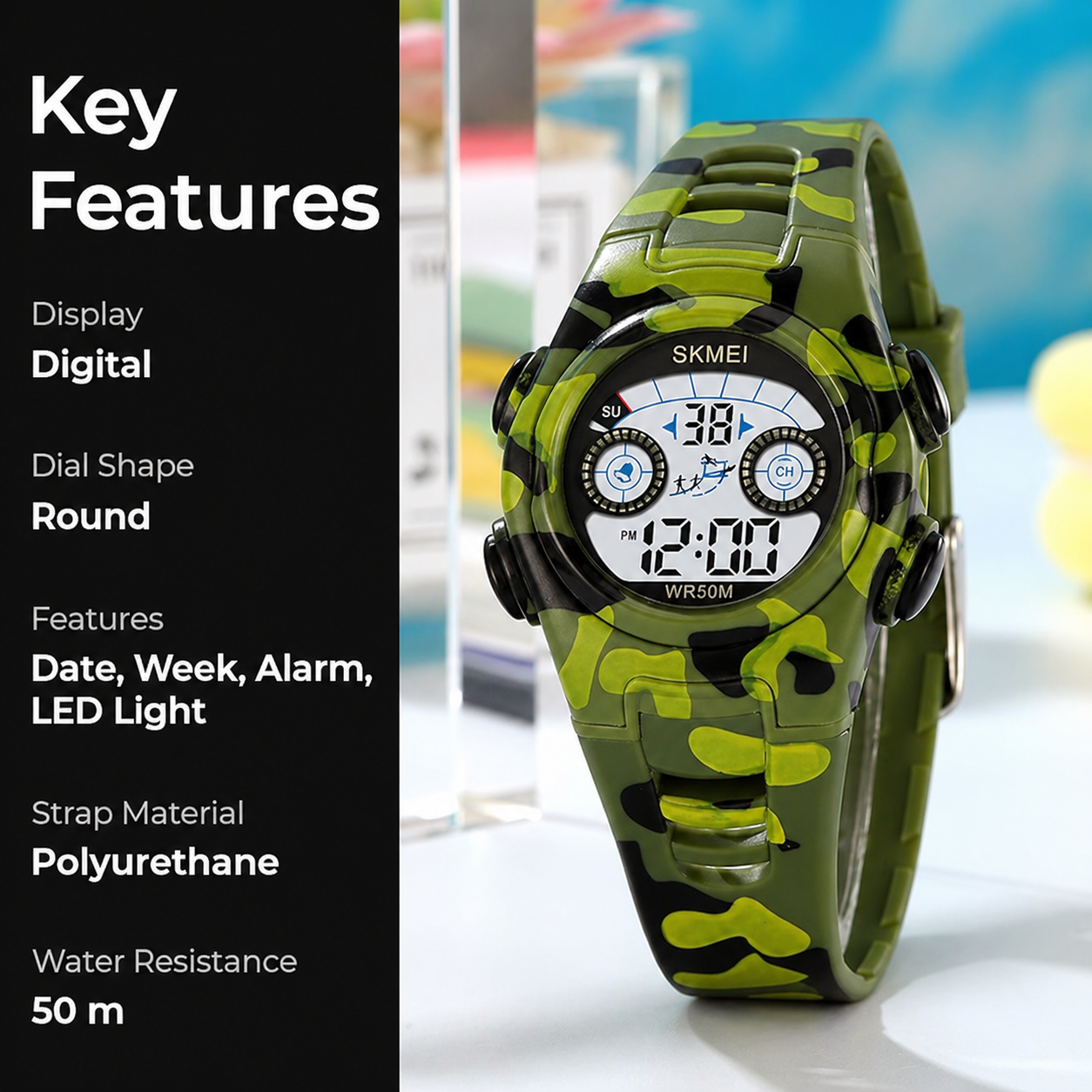 Digital Kids Watch LED Display, Round Dial, Waterproof Sports Watch with Alarm, Date & Comfortable Strap