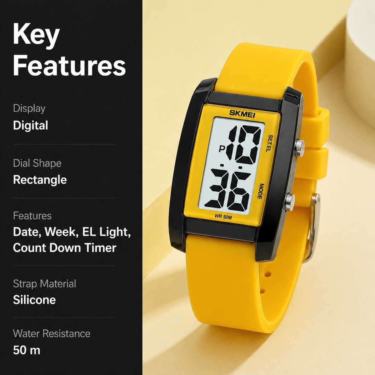 Digital Watch for Men LED Display, Rectangle Dial, Waterproof Sports Watch with Silicone Strap