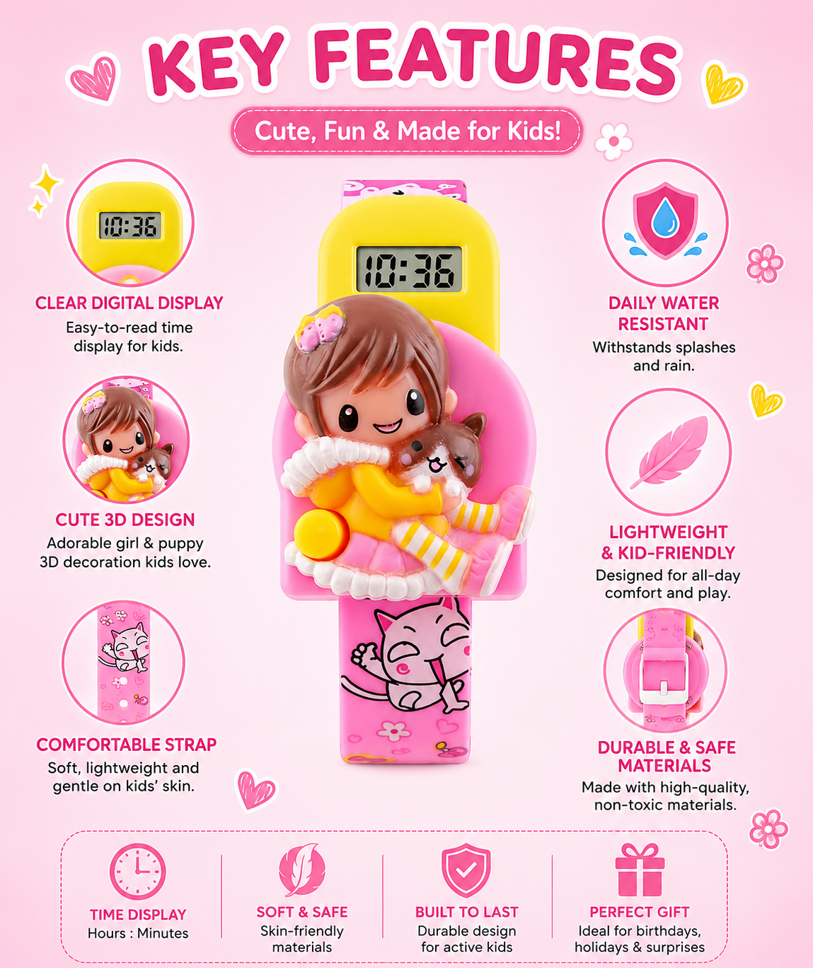 Cute Cartoon Digital Wrist Watch for Kids with Decorative Character Design