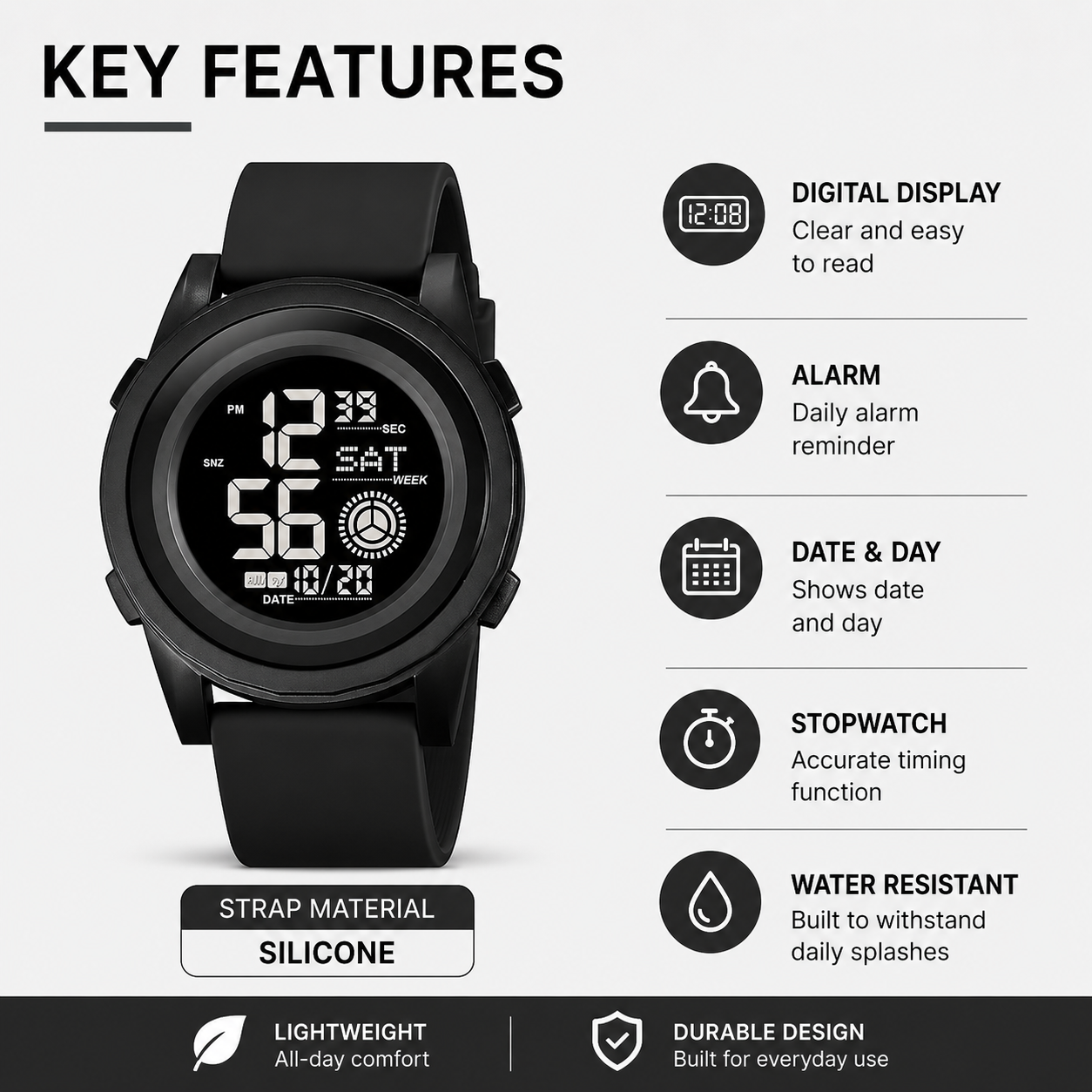 Rugged Digital Sports Wristwatch with Flexible Strap for men