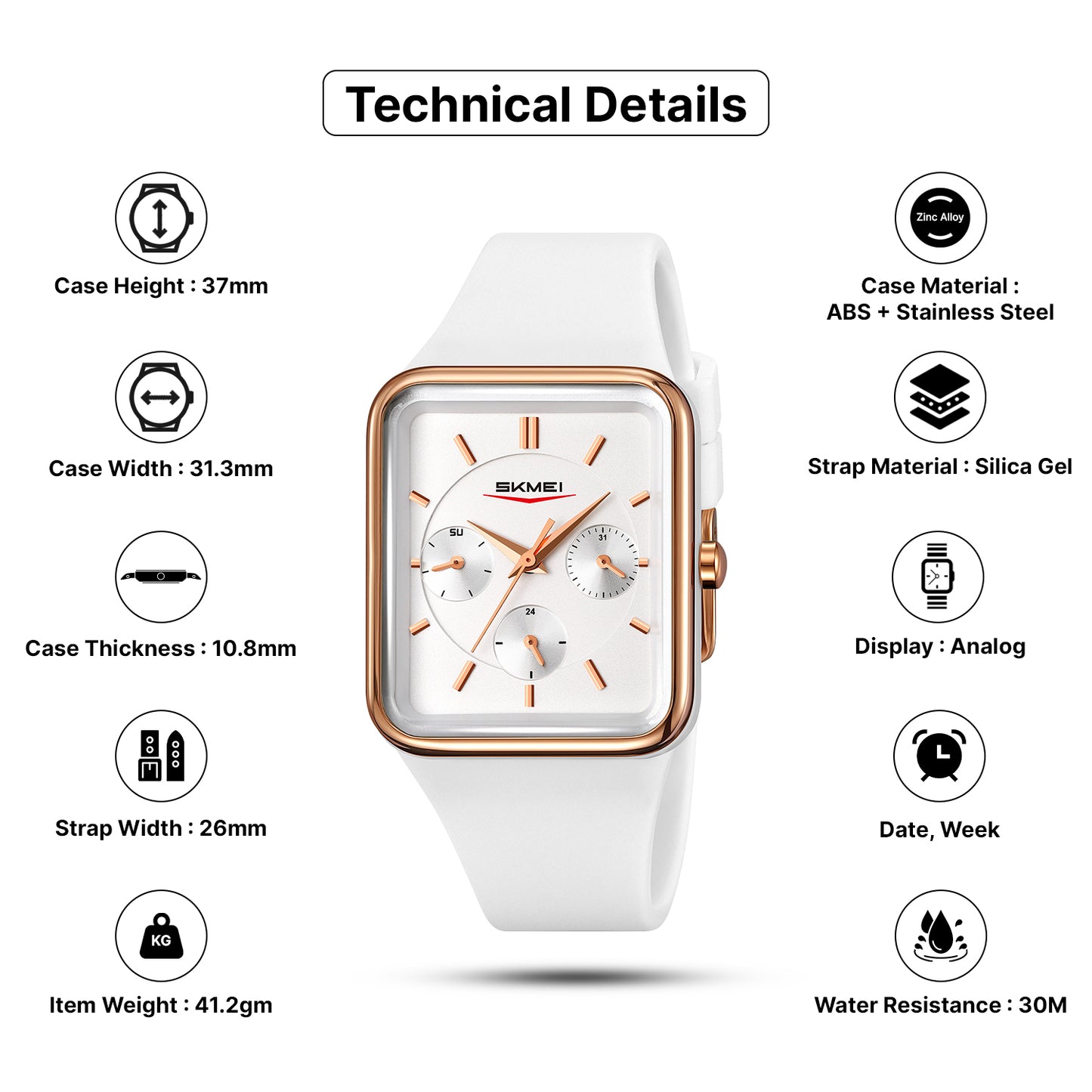 Skmei Analog Rectangle Black Dial ABS Case Silica Strap Watch for Women - 2323