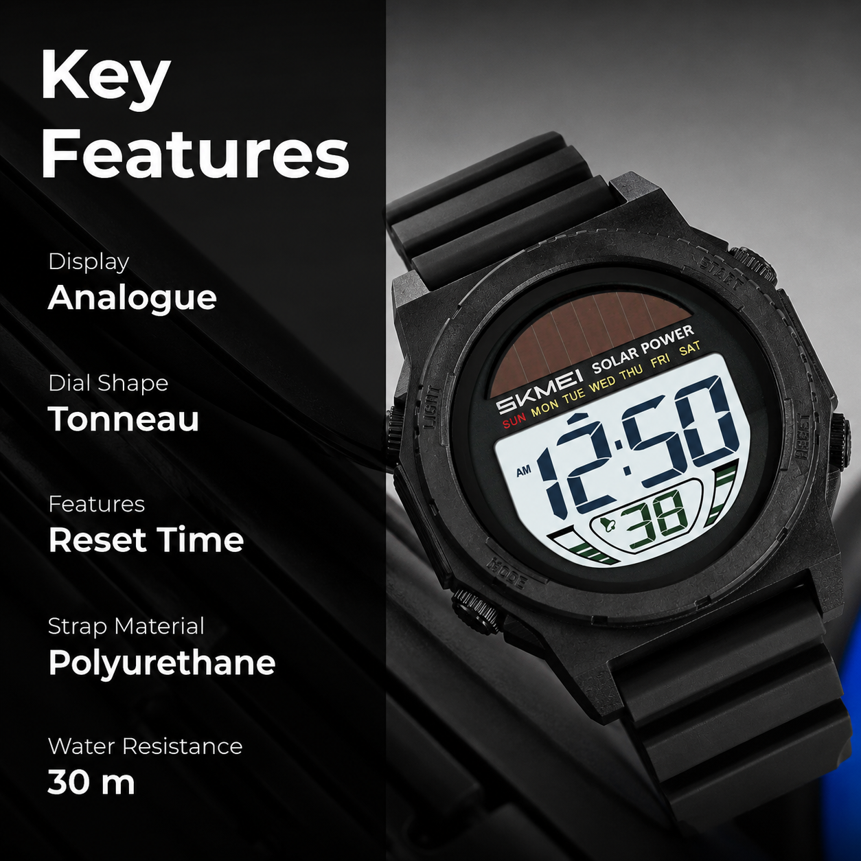Solar Powered Digital Sports Watch with Silicone Strap for men