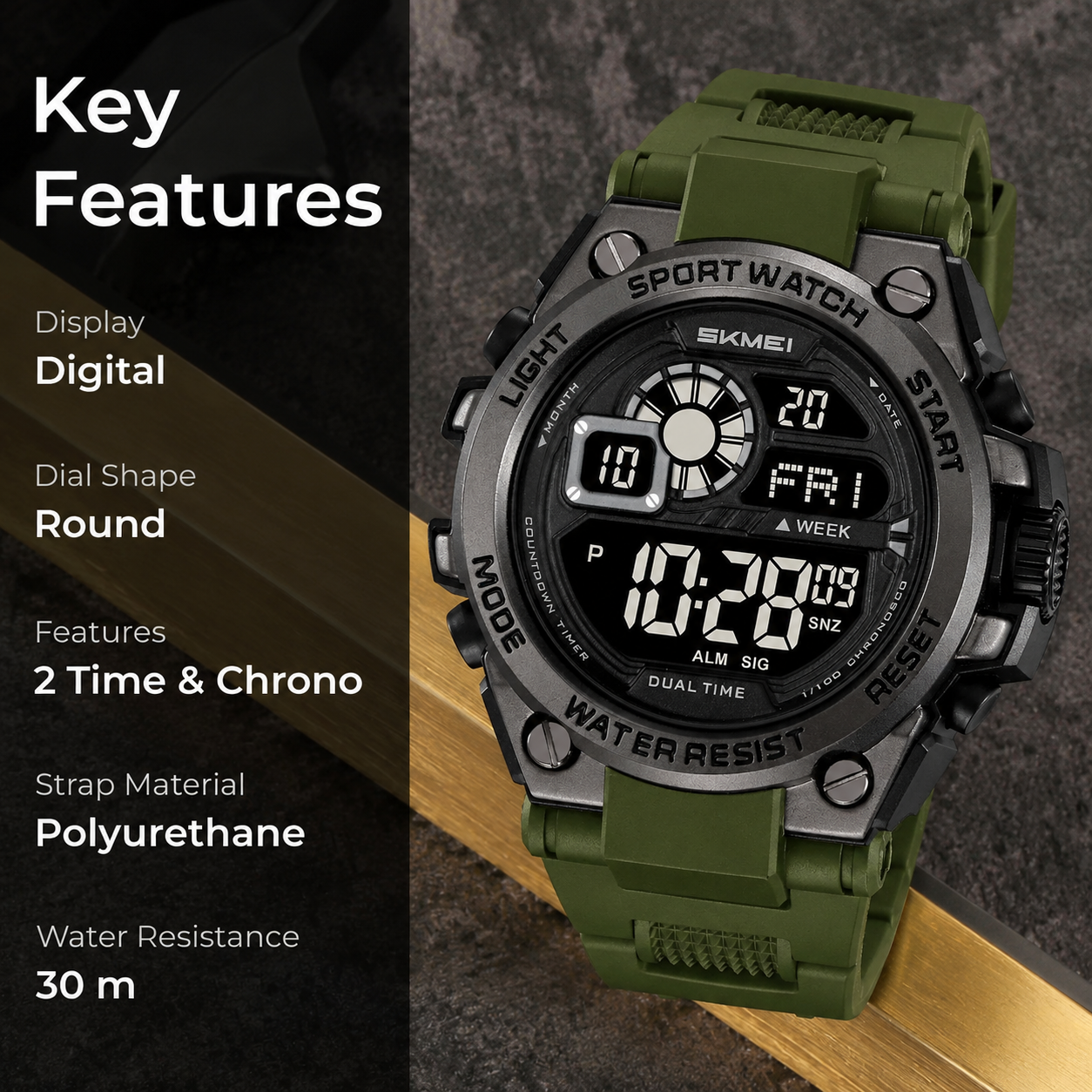 Rugged Digital Sports Watch with Dual Time Display for men