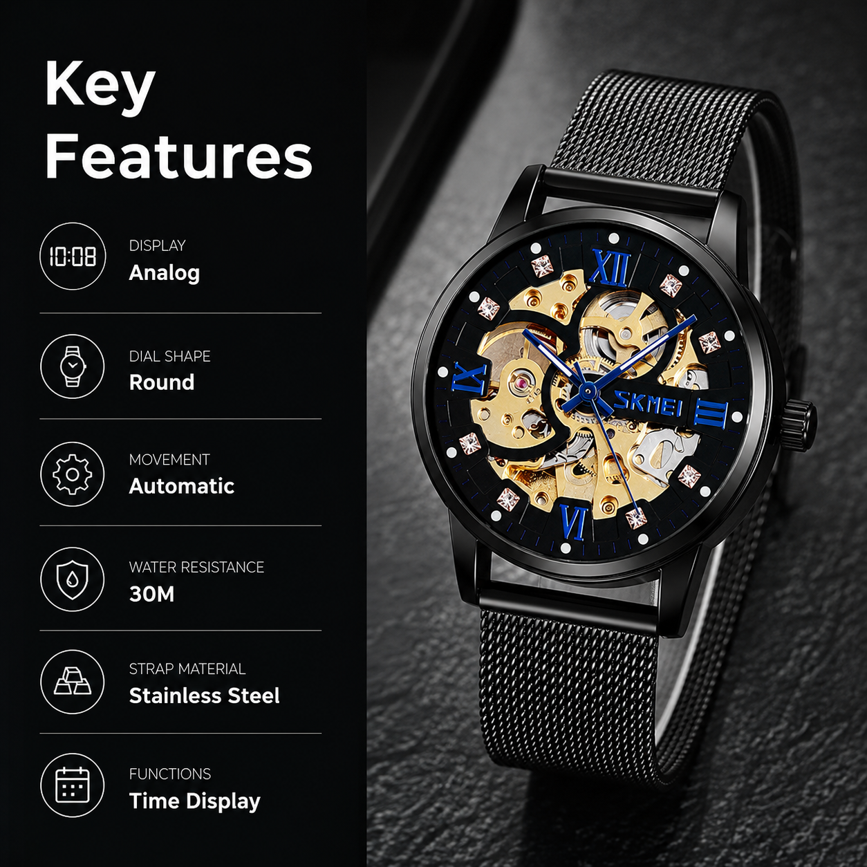 Elegant Skeleton Analog Wrist Watch with Mesh Strap For Men