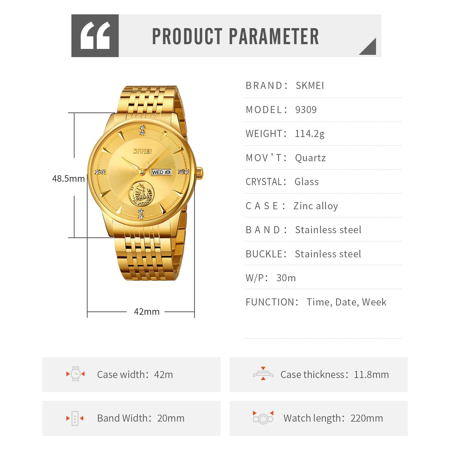 Skmei Quartz Analog Dial Stainless Steel Strap Watch for Men - 9309