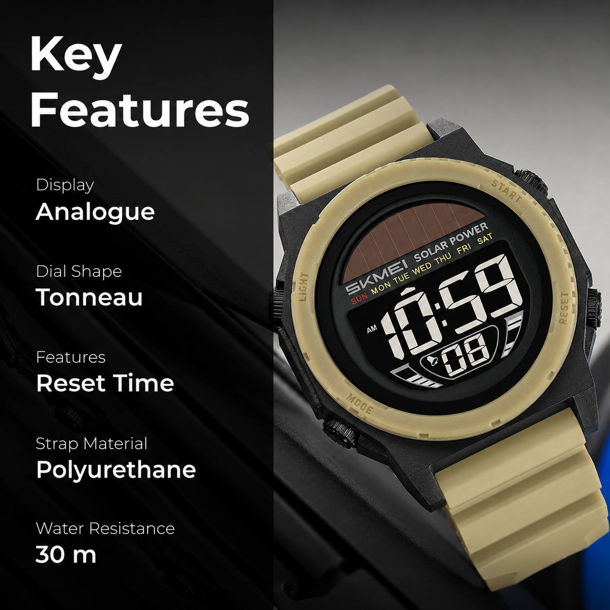 Solar Powered Digital Sports Watch with Silicone Strap for men