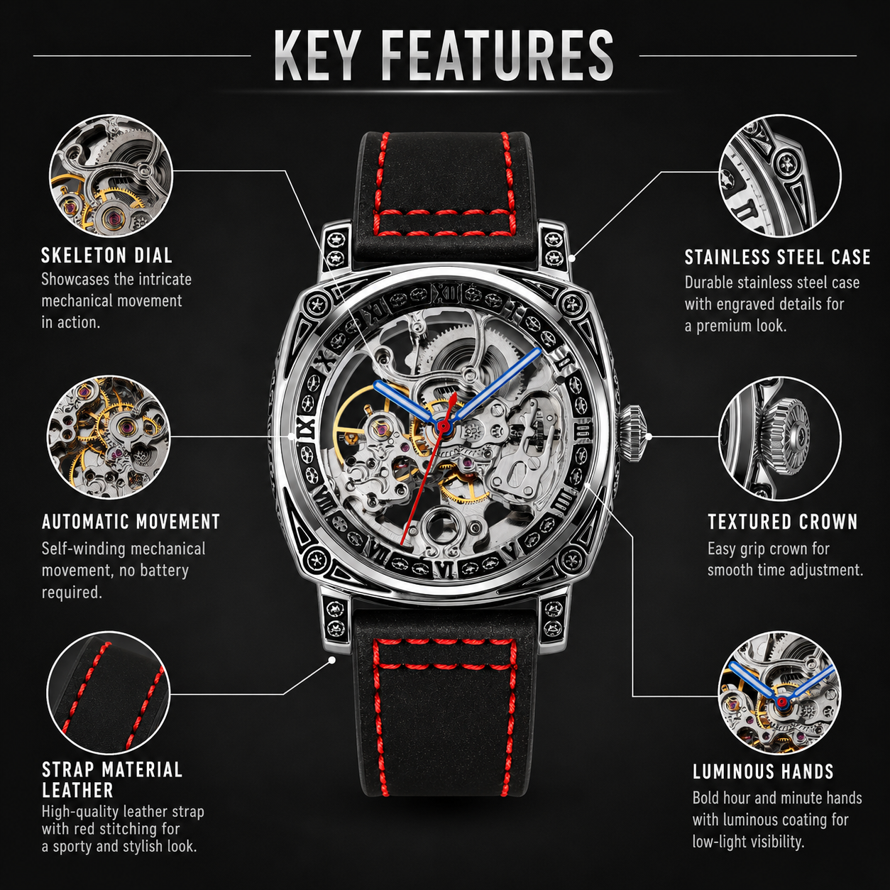 Skeleton Dial Mechanical Strap Automatic Watch For Men