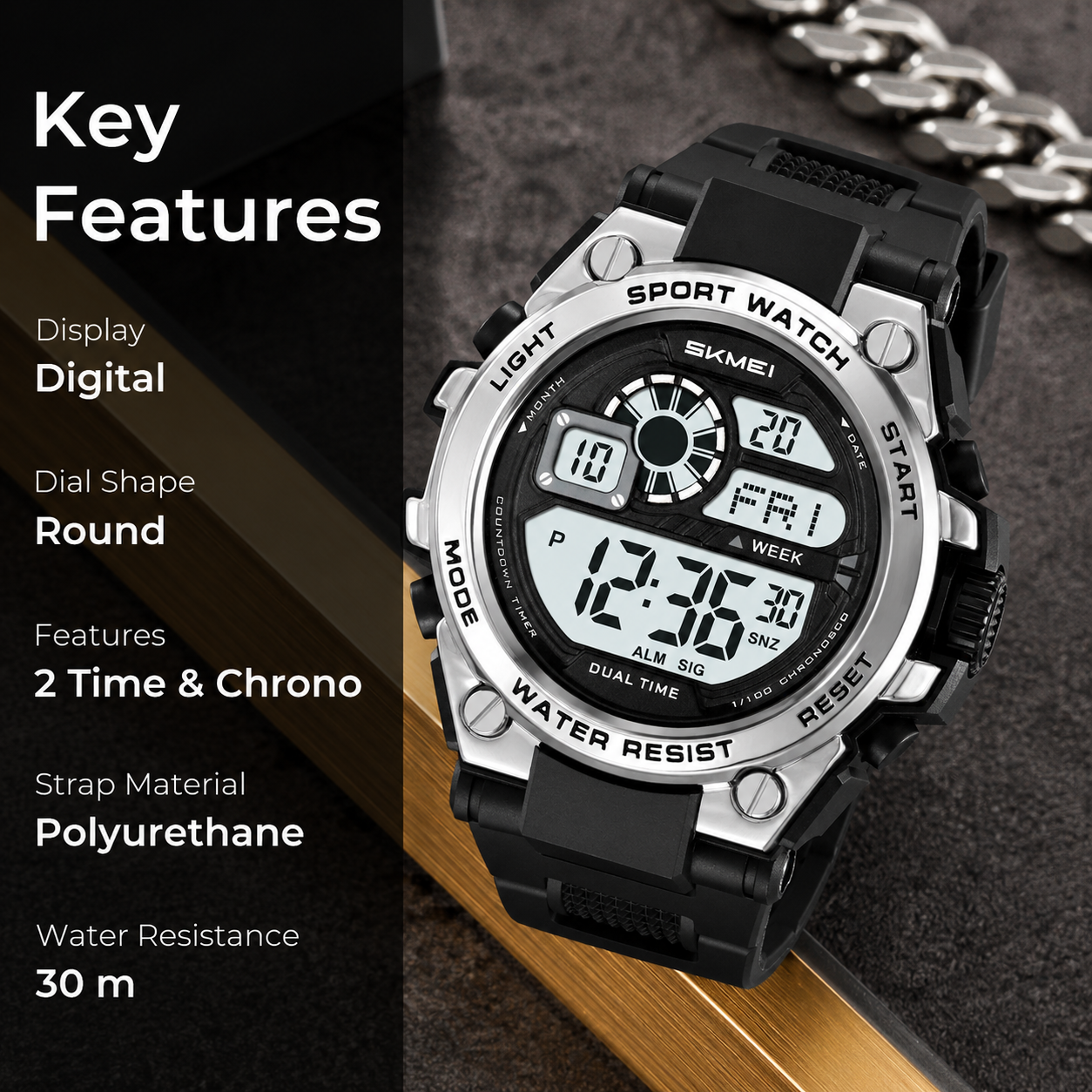 Rugged Digital Sports Watch with Dual Time Display for men