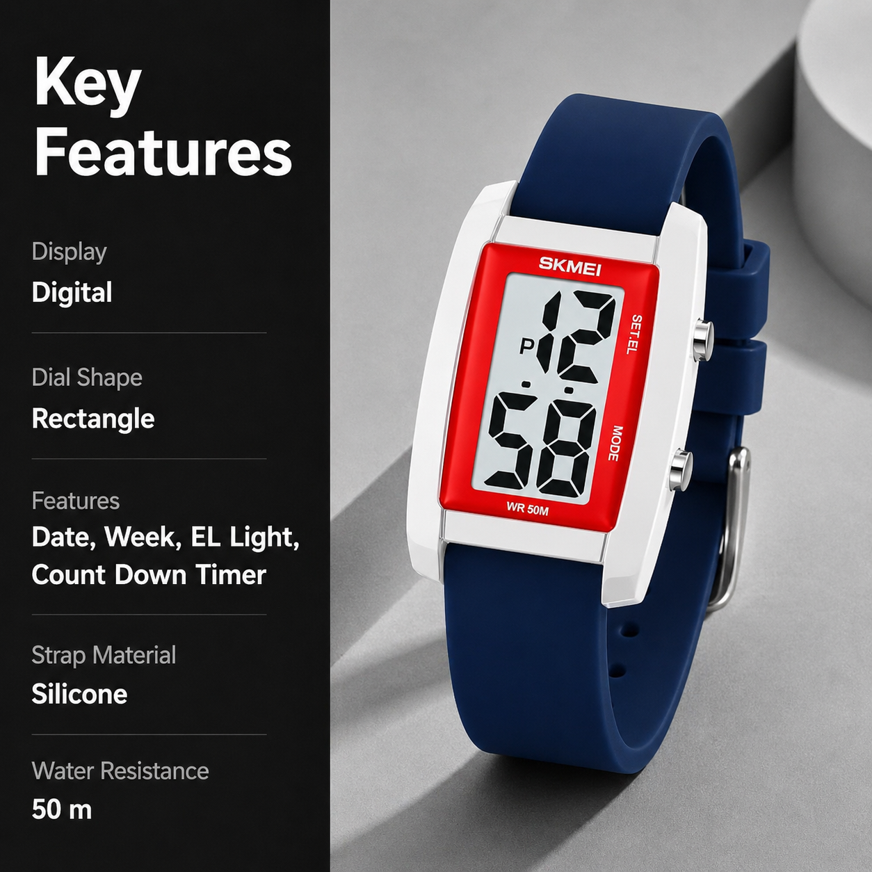 Digital Watch for Men LED Display, Rectangle Dial, Waterproof Sports Watch with Silicone Strap