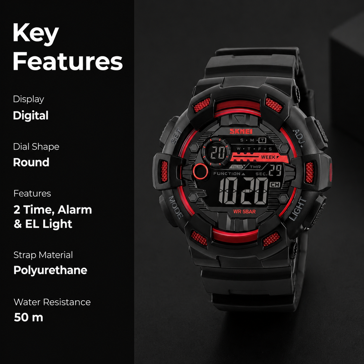 Digital Sports Watch for Men with Alarm Week Display LED Light and Durable Strap