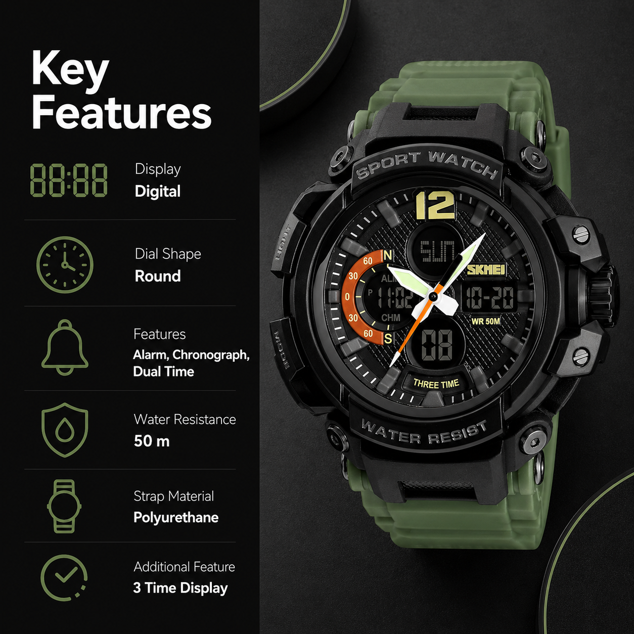 Rugged Dual Display Sports Wrist Watch with Resin Strap For Men