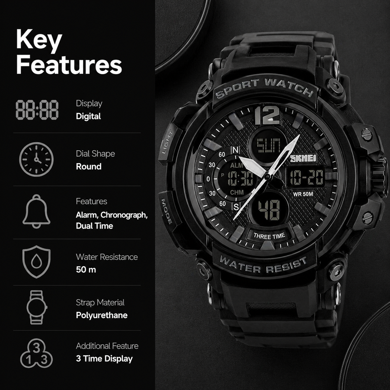 Rugged Dual Display Sports Wrist Watch with Resin Strap For Men