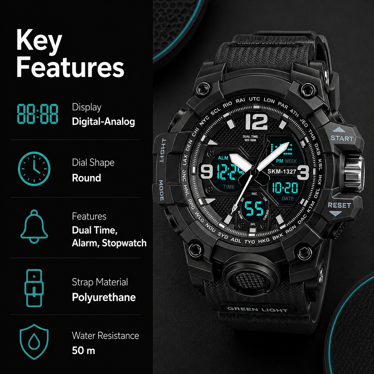 Dual Display Sports Wrist Watch with Rugged Design and Resin Strap For Men