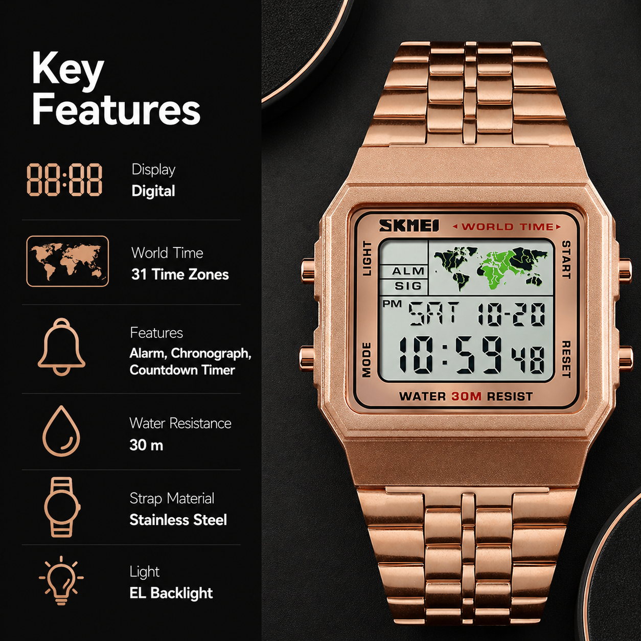 Vintage Digital Wrist Watch with Metal Strap and World Time Display For Men