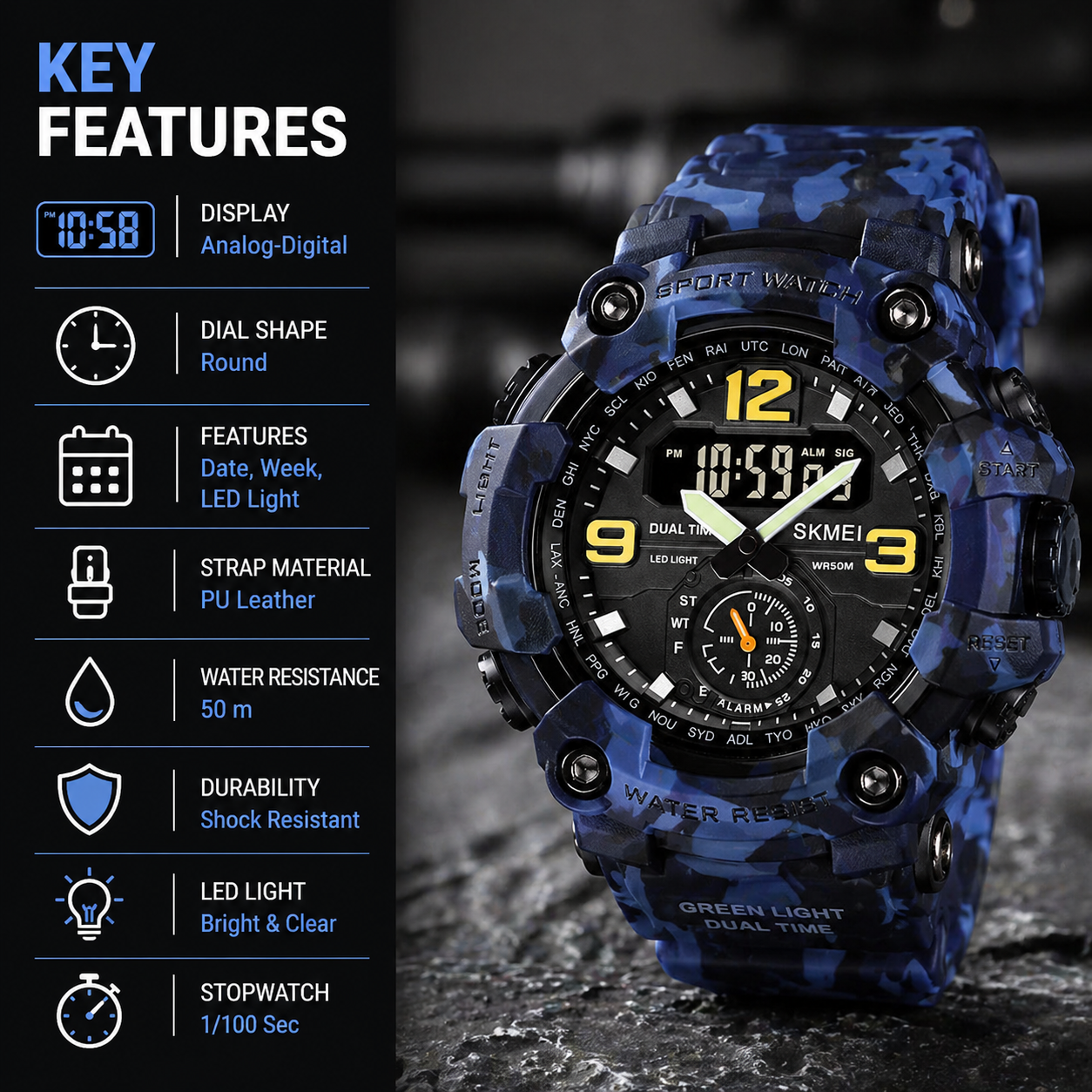 Premium Analog Digital Sports Watch for Men with Dual Time LED Display Alarm and Rugged Design