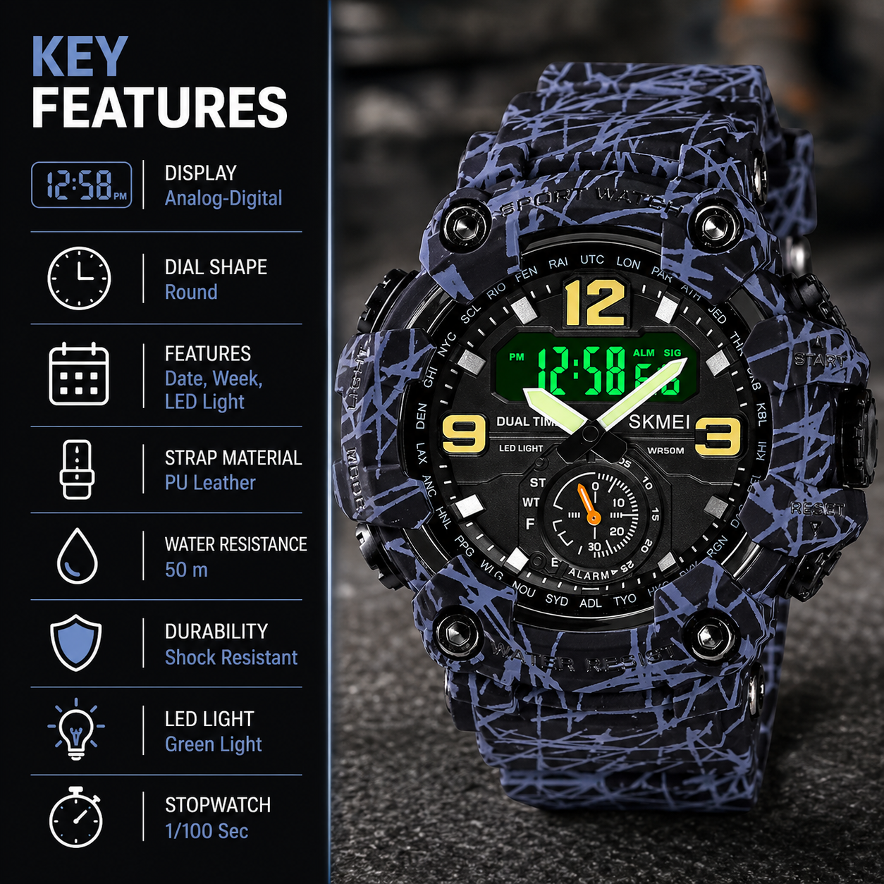 Premium Analog Digital Sports Watch for Men with Dual Time LED Display Alarm and Rugged Design