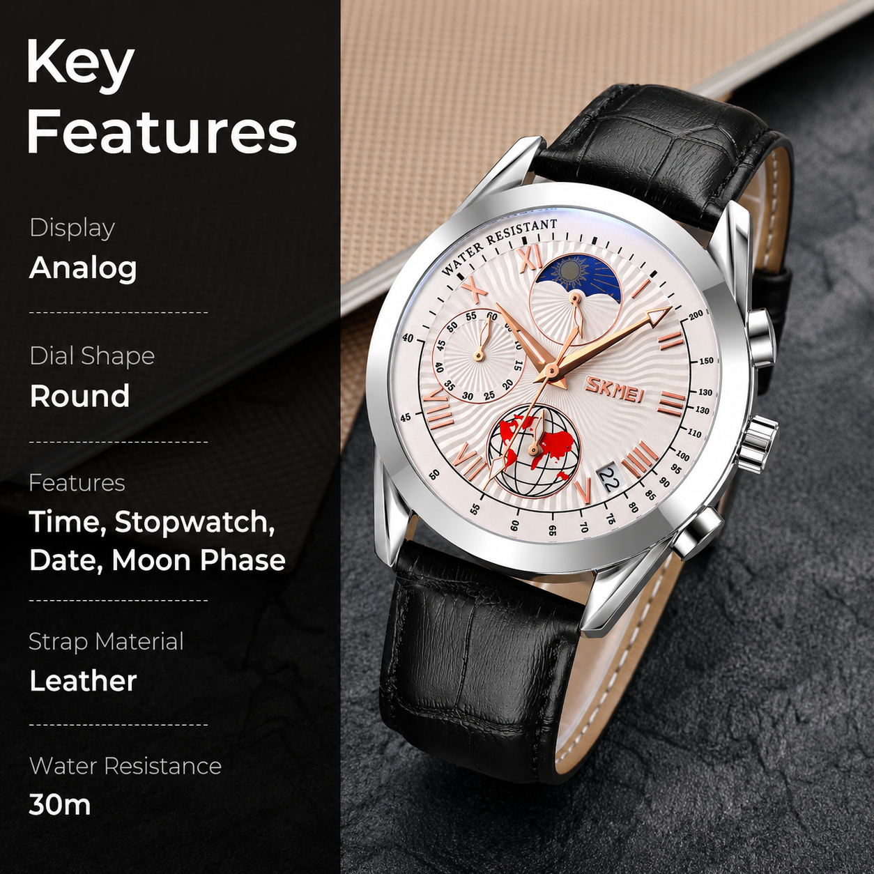 Elegant Analog Chronograph Wrist Watch with Leather Strap For Men