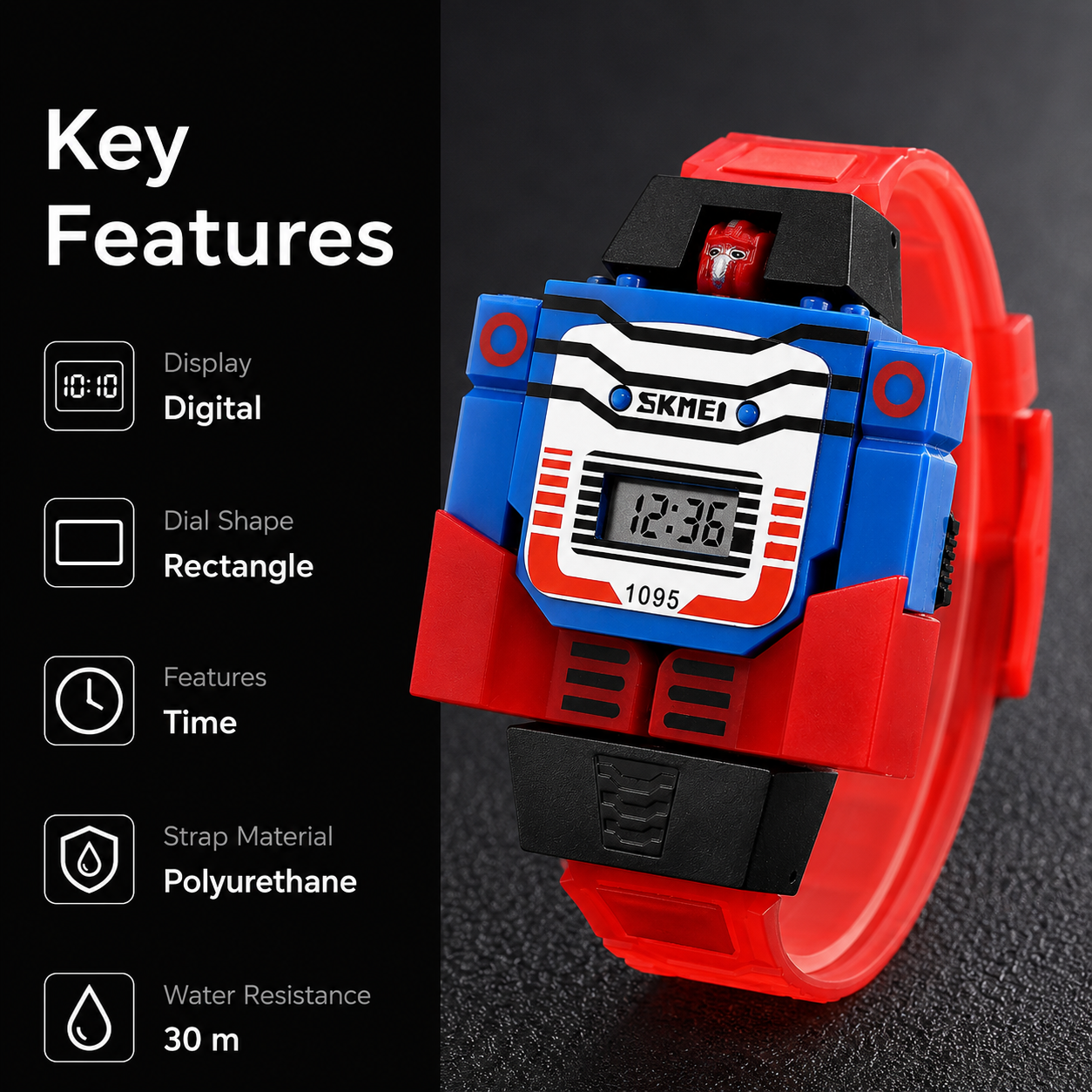 Robot Style Digital Wrist Watch for Kids with Flexible Strap