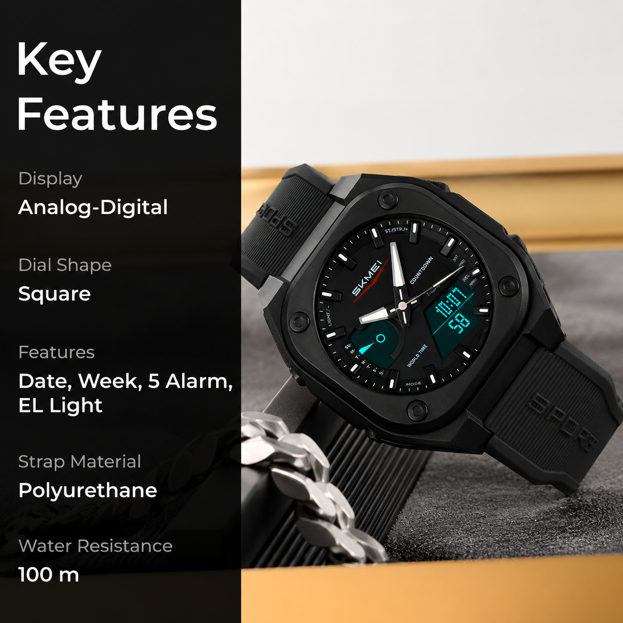Rugged Analog Digital Sports Watch with Patterned Strap for men