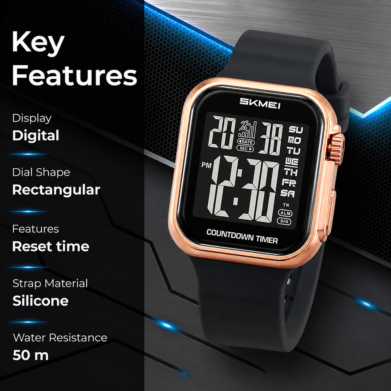 Square Digital Wrist Watch with Silicone Strap for men