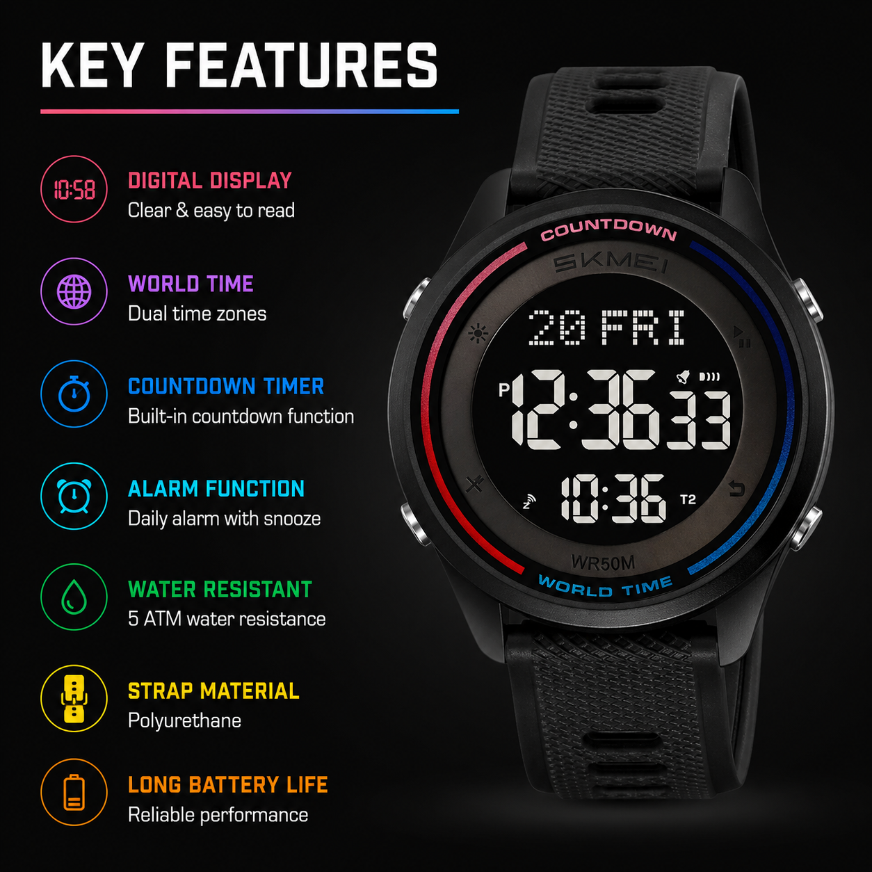 Digital Sports Wrist Watch with Silicone Strap for men