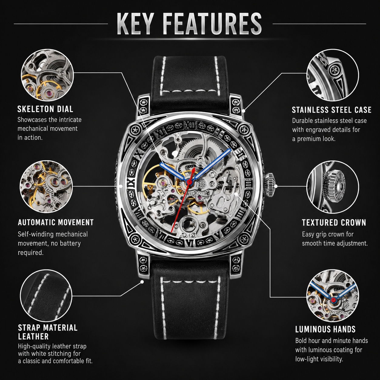 Skeleton Dial Mechanical Strap Automatic Watch For Men