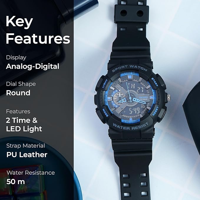 Analog-Digital Sports Watch Multifunction LED Display Alarm, Stopwatch, Day-Date Water Resistant Durable Watch for Boys & Girls