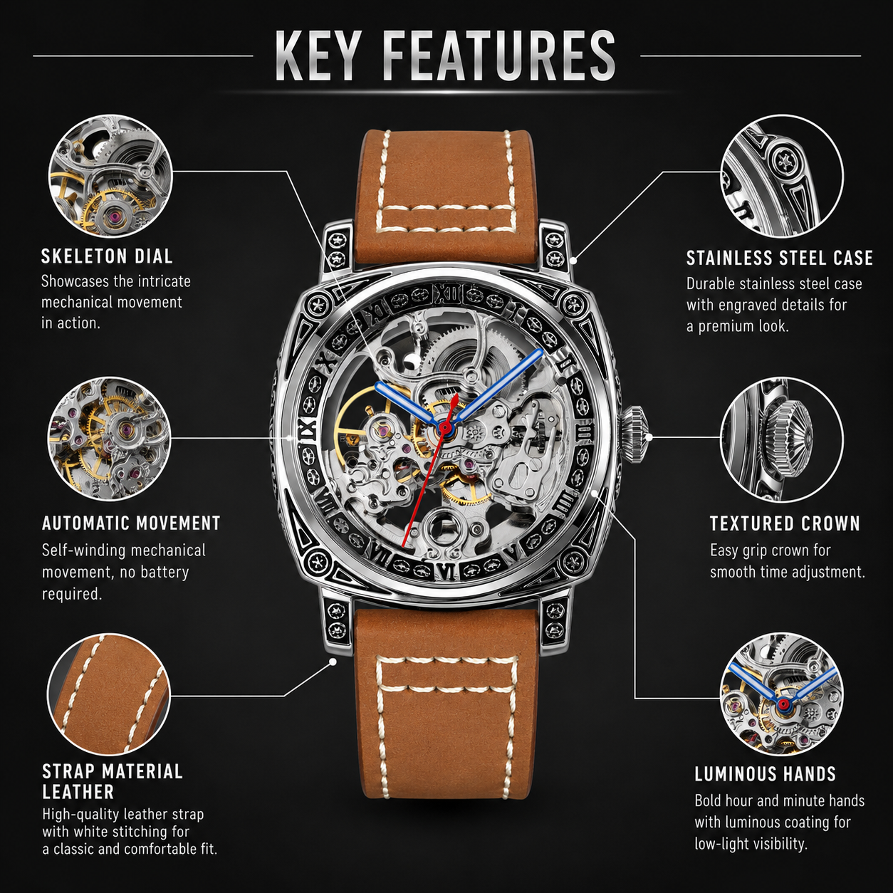 Skeleton Dial Mechanical Strap Automatic Watch For Men