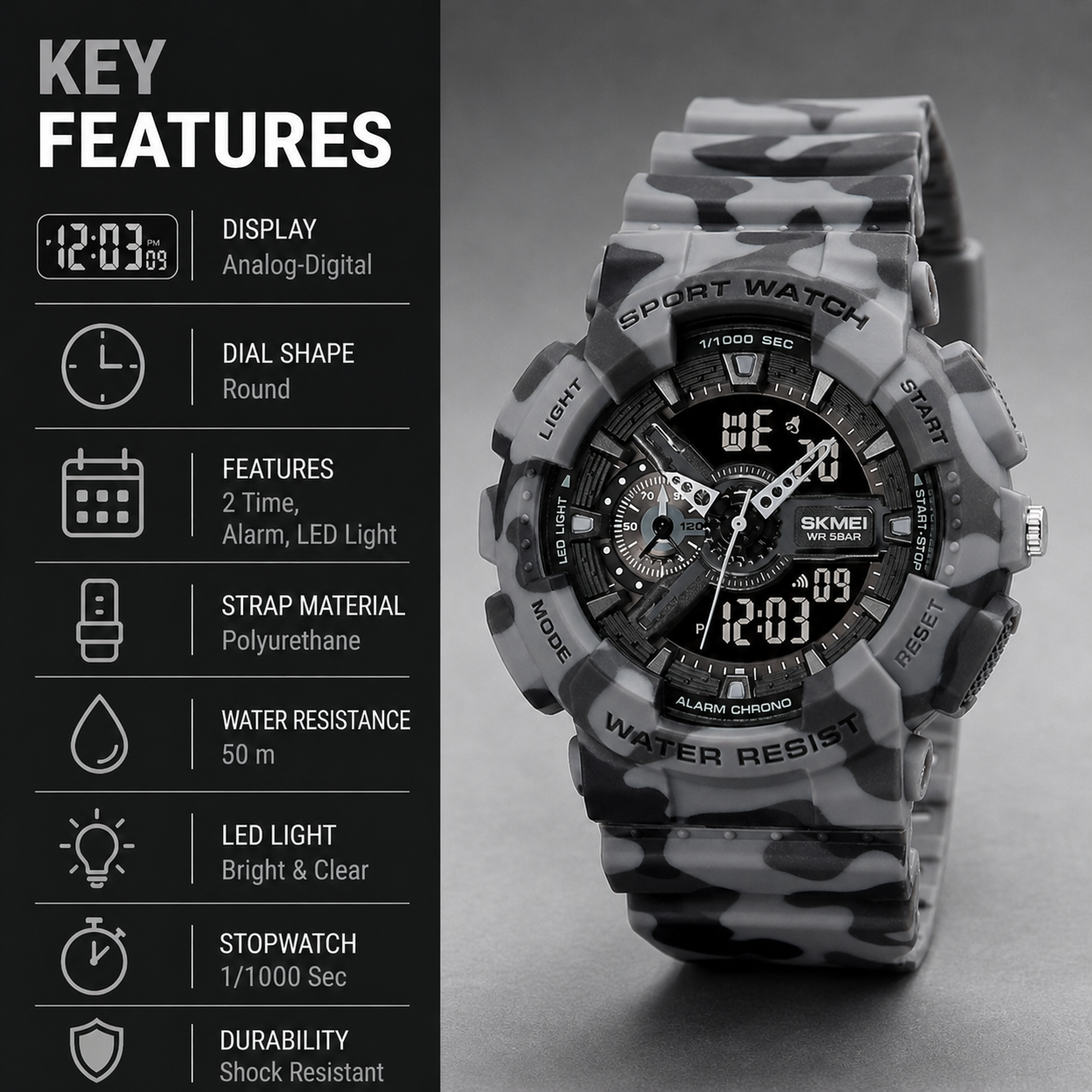 Analog-Digital Sports Watch Multifunction LED Display Alarm, Stopwatch, Day-Date Water Resistant Durable Watch for Boys & Girls