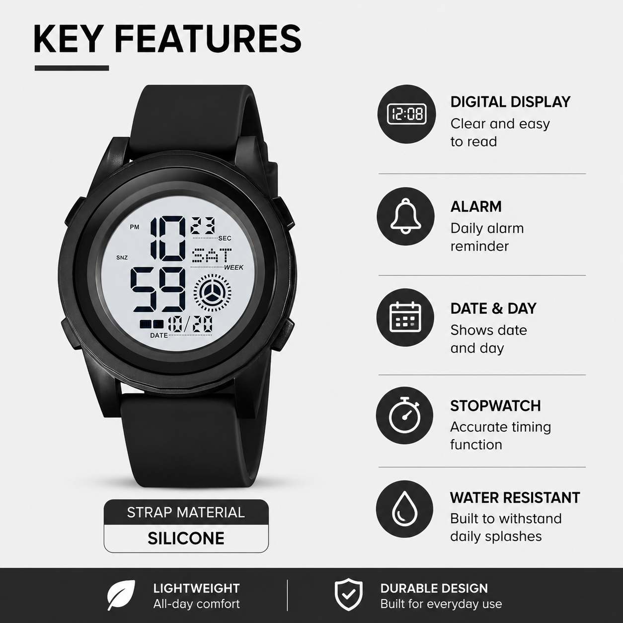 Rugged Digital Sports Wristwatch with Flexible Strap for men