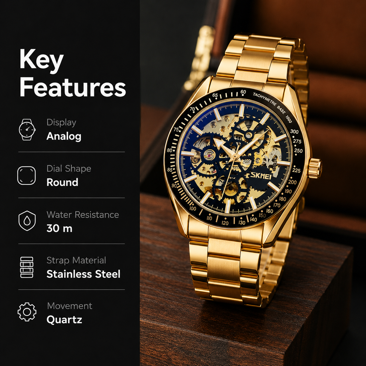 Luxury Skeleton Analog Wrist Watch with Metal Strap For Men
