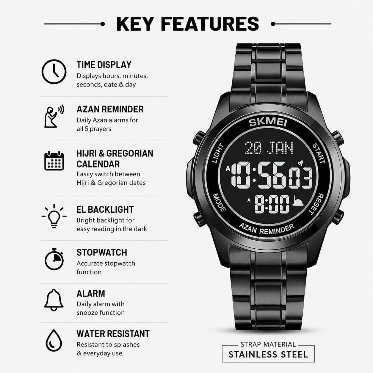 Digital Watch with Stainless Steel Strap for men