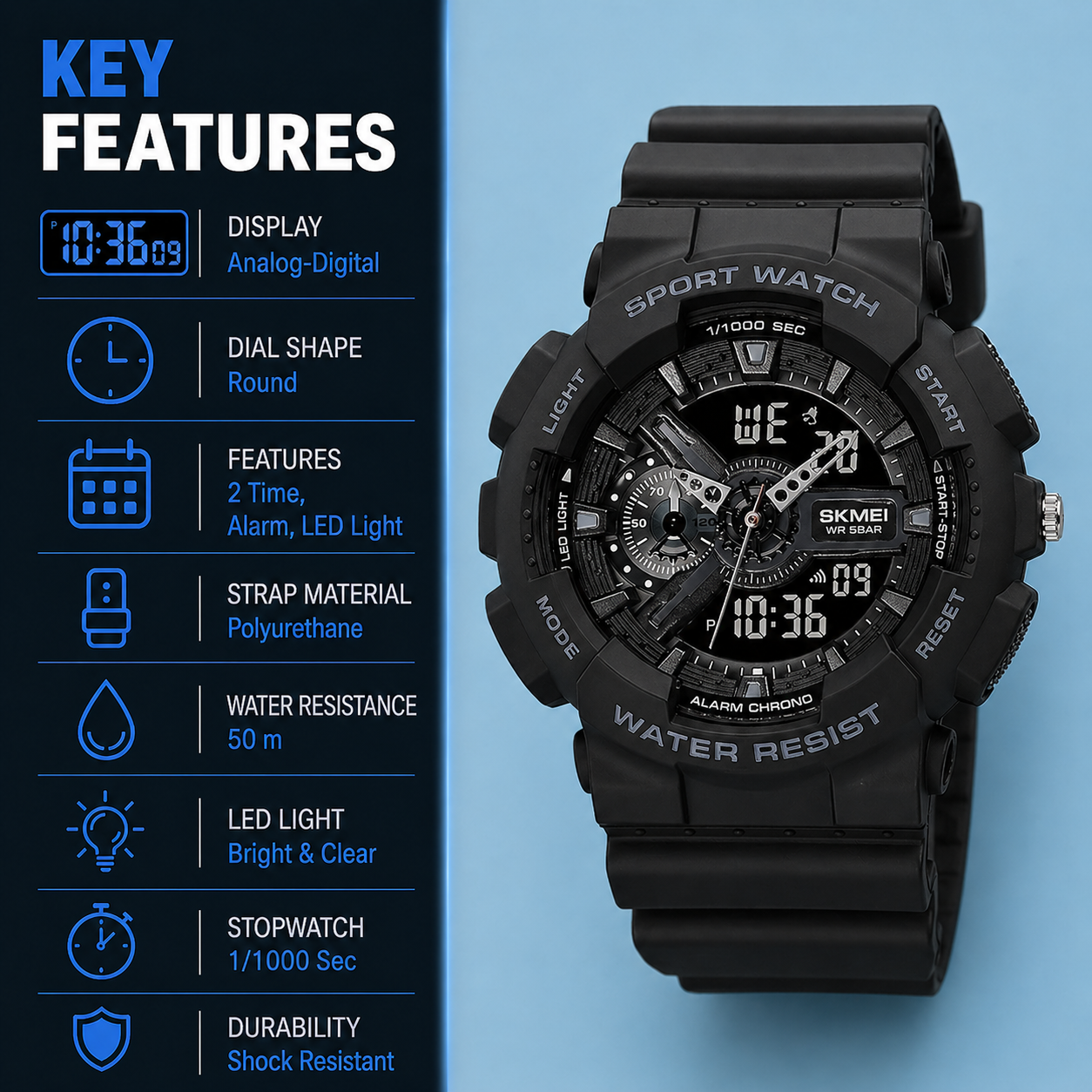 Analog-Digital Sports Watch Multifunction LED Display Alarm, Stopwatch, Day-Date Water Resistant Durable Watch for Boys & Girls