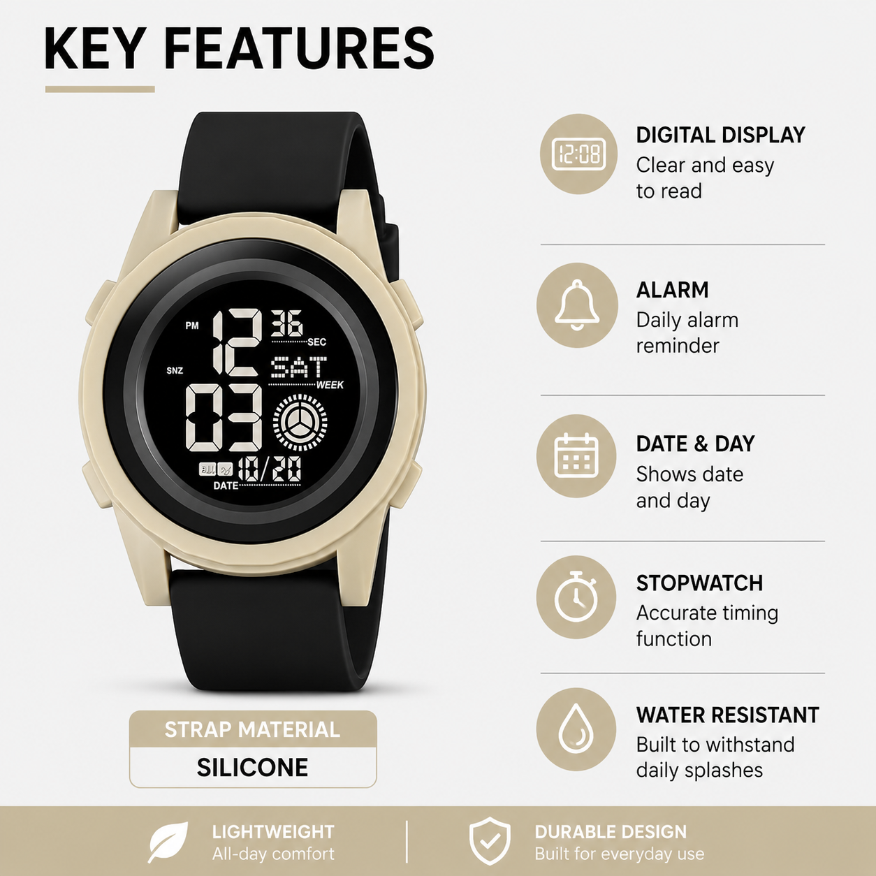 Rugged Digital Sports Wristwatch with Flexible Strap for men