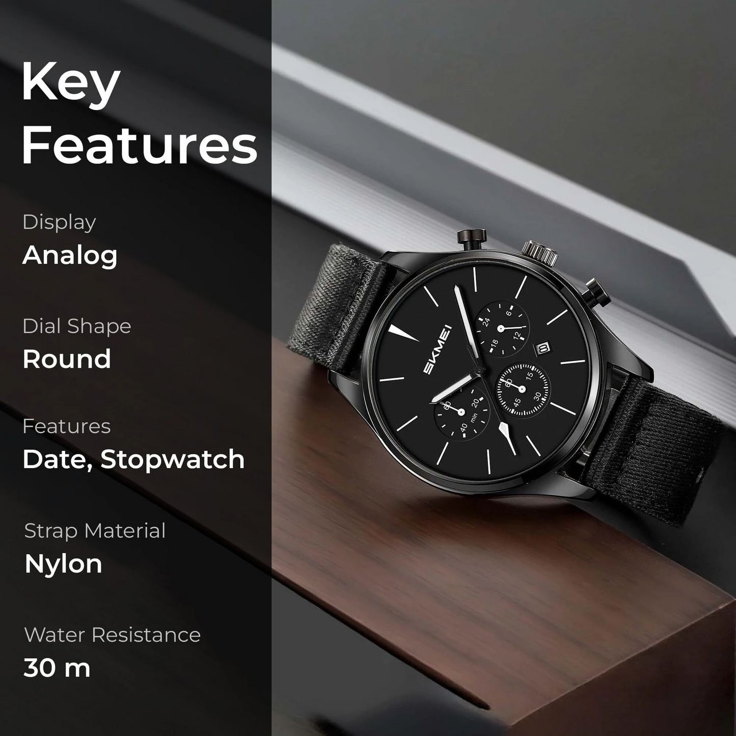 Classic Chronograph Style Analog Watch with Fabric Strap