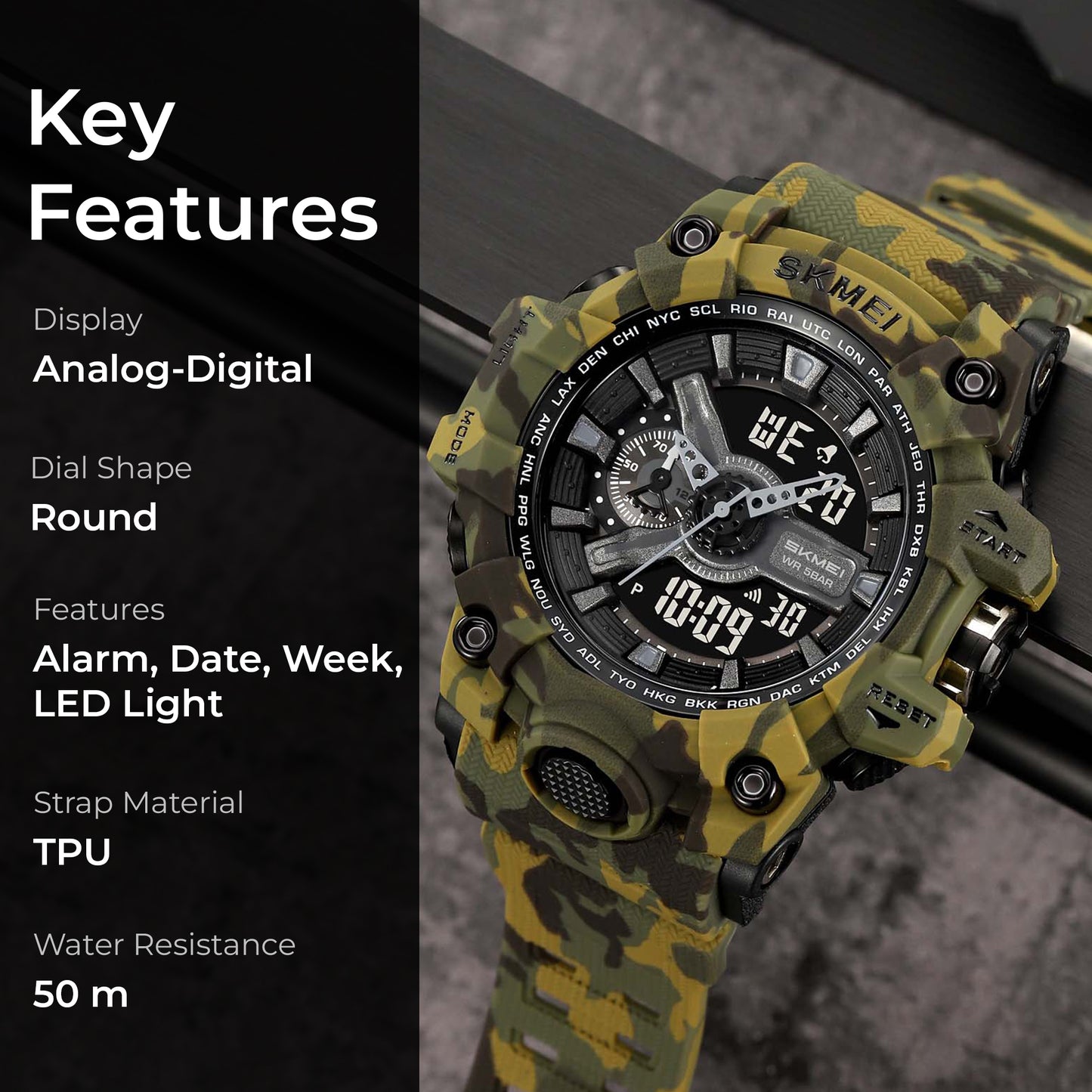 Skmei Digital-Analog Black Dial ABS-TPU Case TPU Strap Watch for Men - 2396