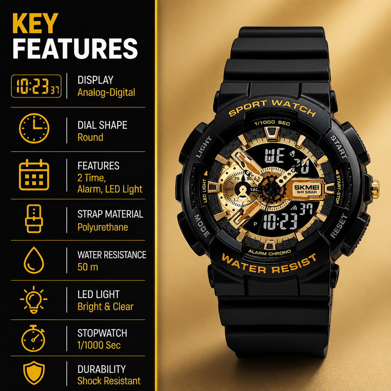 Analog-Digital Sports Watch Multifunction LED Display Alarm, Stopwatch, Day-Date Water Resistant Durable Watch for Boys & Girls